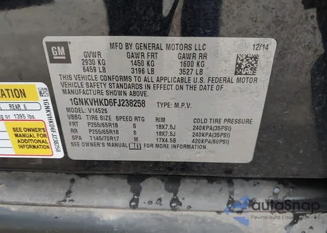 2015 Chevrolet Traverse 2Lt z USA, uszkodzony, nr VIN 1GNKVHKD6FJ238258